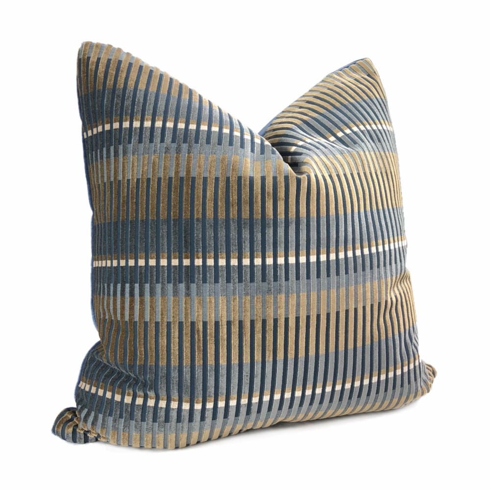 Humbolt Mid-Century Modern Blue Brown Velvet Stripe Pillow Cover - Aloriam