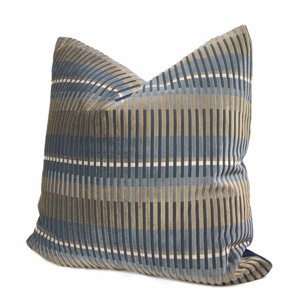 Humbolt Mid-Century Modern Blue Brown Velvet Stripe Pillow Cover - Aloriam