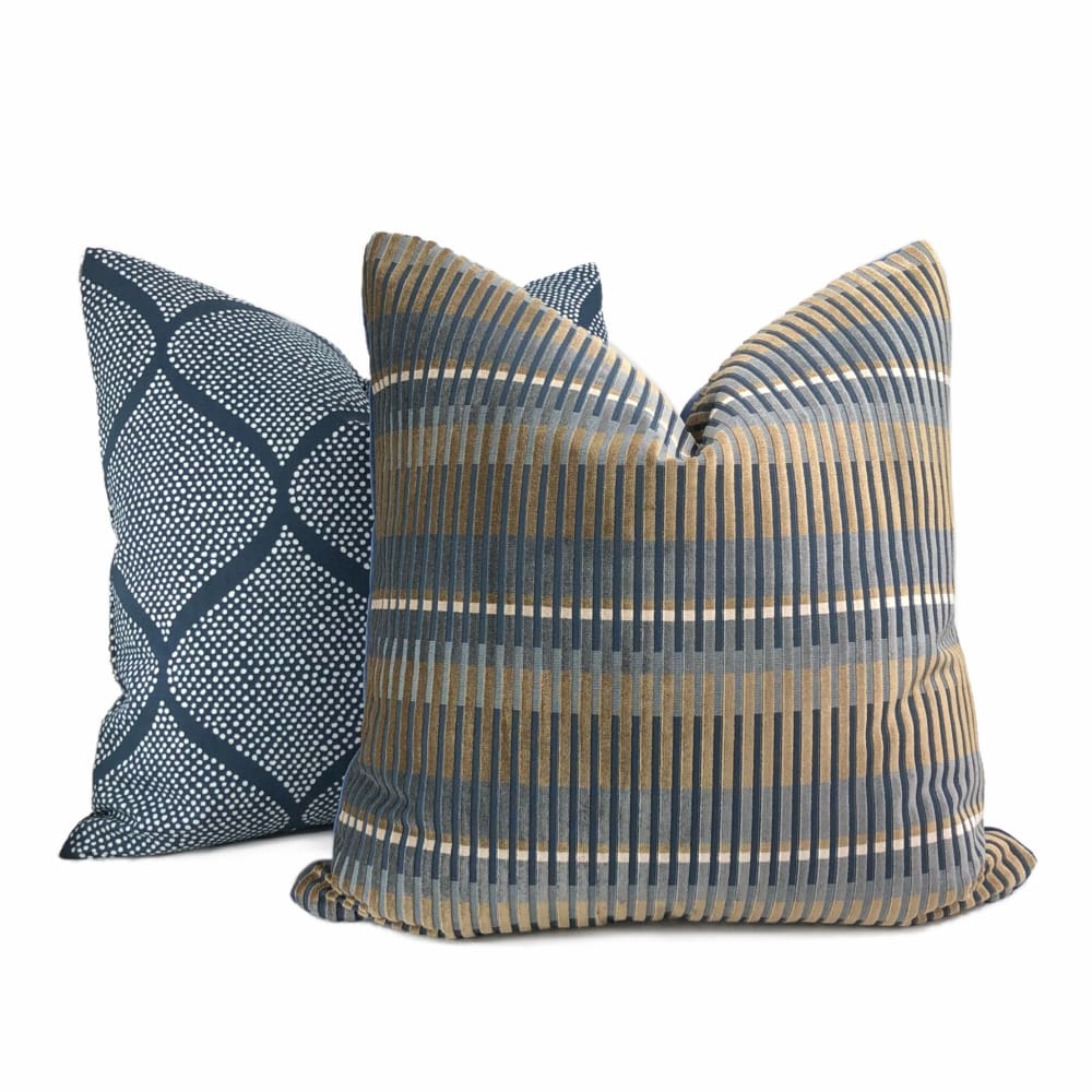 Humbolt Mid-Century Modern Blue Brown Velvet Stripe Pillow Cover - Aloriam