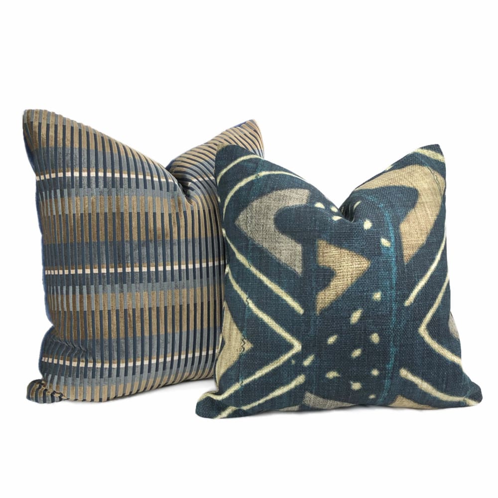 Humbolt Mid-Century Modern Blue Brown Velvet Stripe Pillow Cover - Aloriam