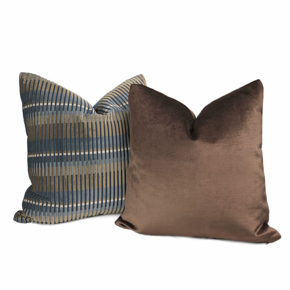 Humbolt Mid-Century Modern Blue Brown Velvet Stripe Pillow Cover - Aloriam