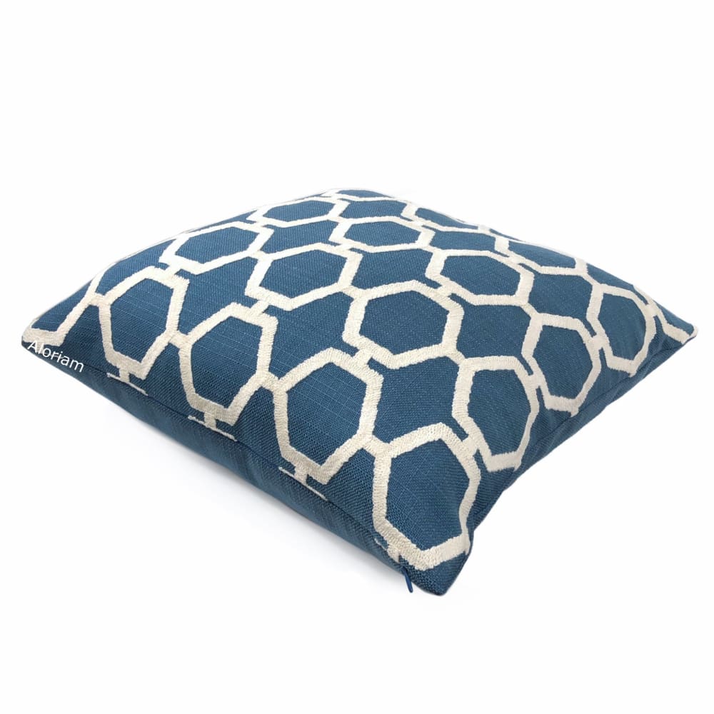 Ibsen Blue White Embroidered Hexagon Lattice Pillow Cover - Aloriam