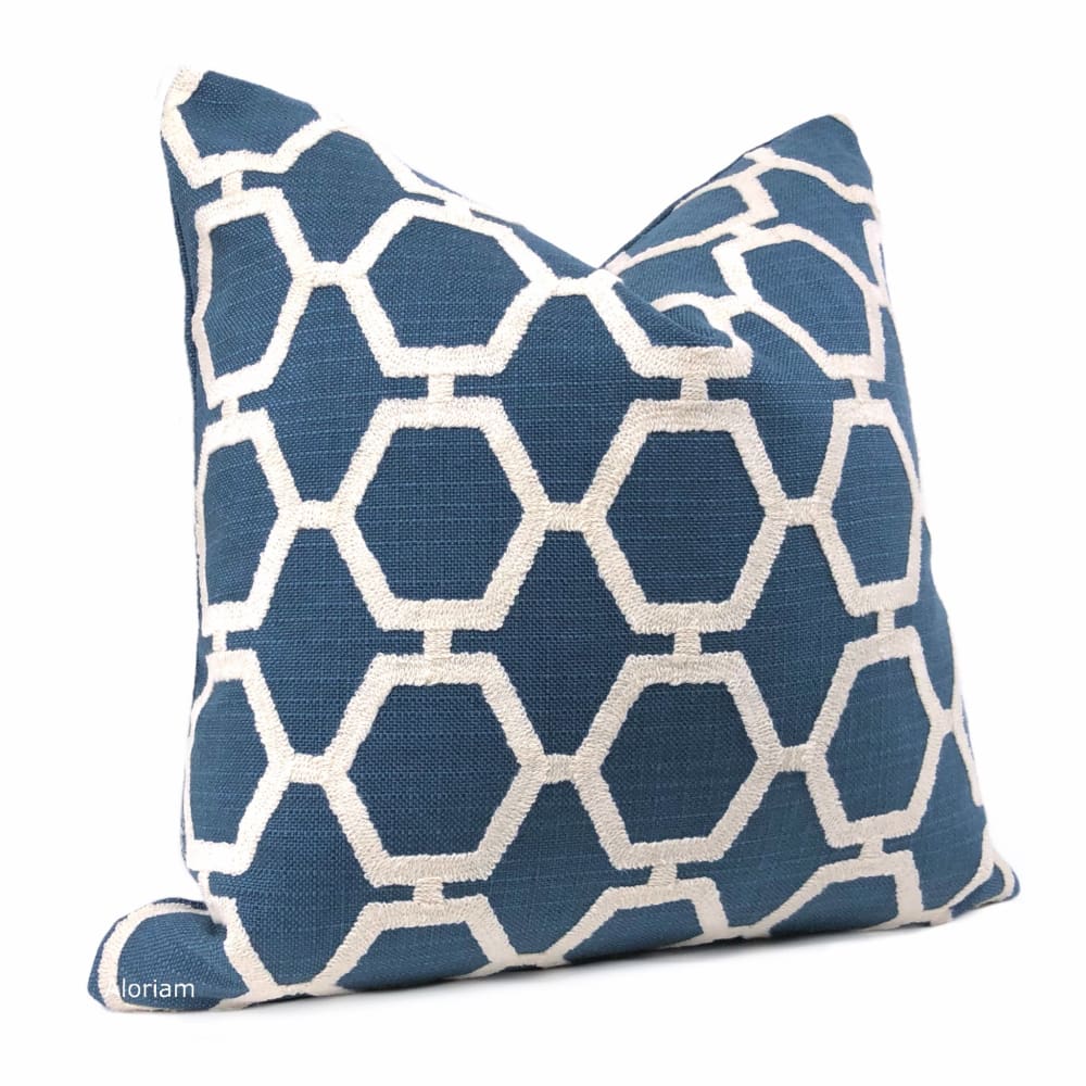 Ibsen Blue White Embroidered Hexagon Lattice Pillow Cover - Aloriam