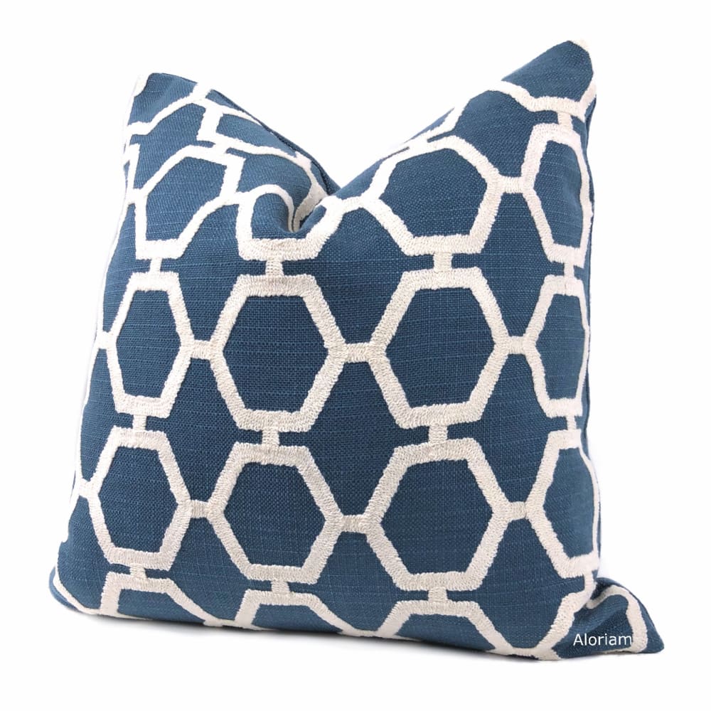 Ibsen Blue White Embroidered Hexagon Lattice Pillow Cover - Aloriam