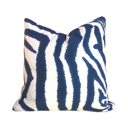 Ikat Zebra Large Blue White Animal Stripe Pillow Cover (Made from Lacefield Designs fabric) Cushion Pillow Case Euro Sham 16x16 18x18 20x20 22x22 24x24 26x26 28x28 Lumbar Pillow 12x18 12x20 12x24 14x20 16x26 by Aloriam