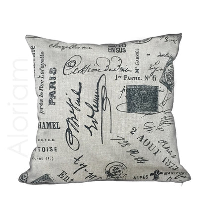 Vintage French Script Calligraphy Stamps Tan Brown Pillow Cushion Cover