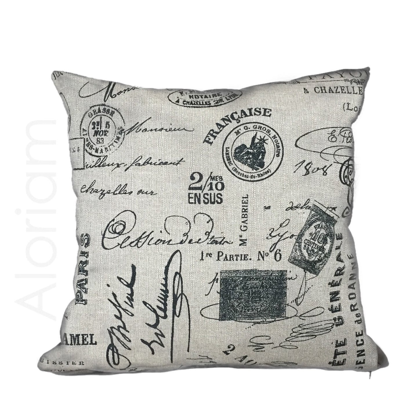 Vintage French Script Calligraphy Stamps Tan Brown Pillow Cushion Cover