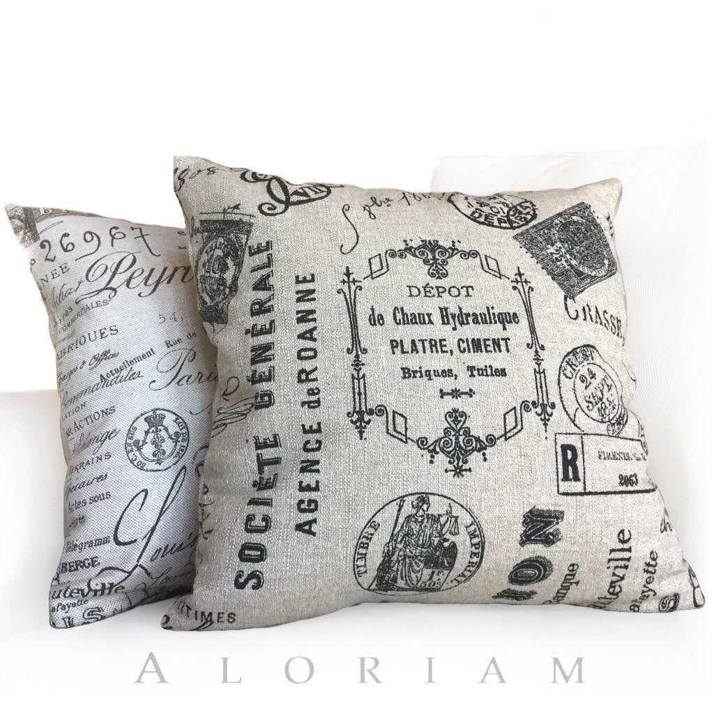 Vintage French Script Calligraphy Stamps Tan Brown Pillow Cushion Cover