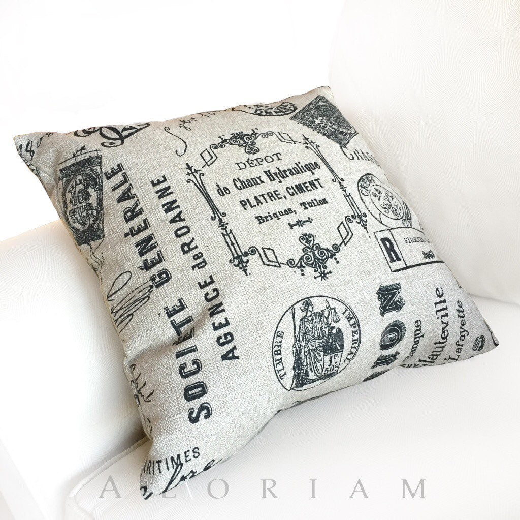 Vintage French Script Calligraphy Stamps Tan Brown Pillow Cushion Cover