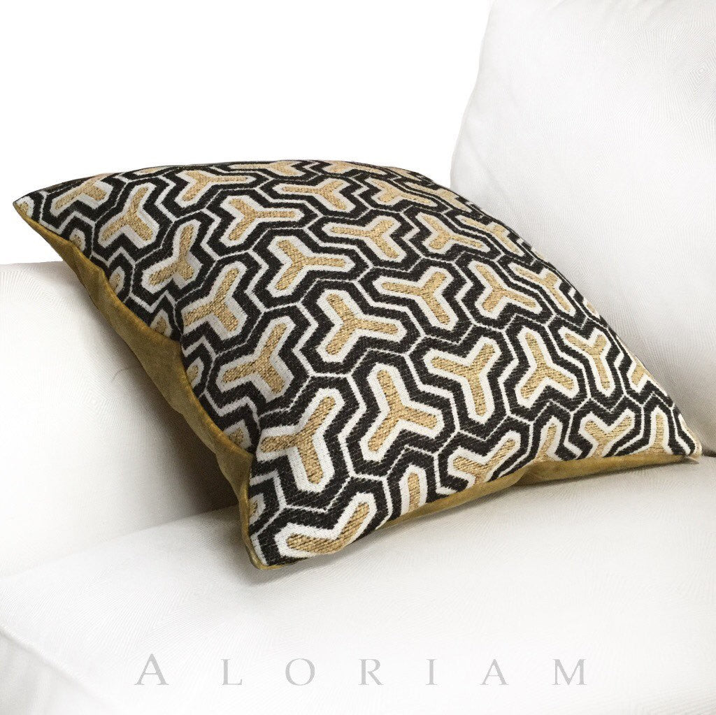 Wishbone Geometric Pattern Cream Beige Brown Chenille Pillow Cushion Cover