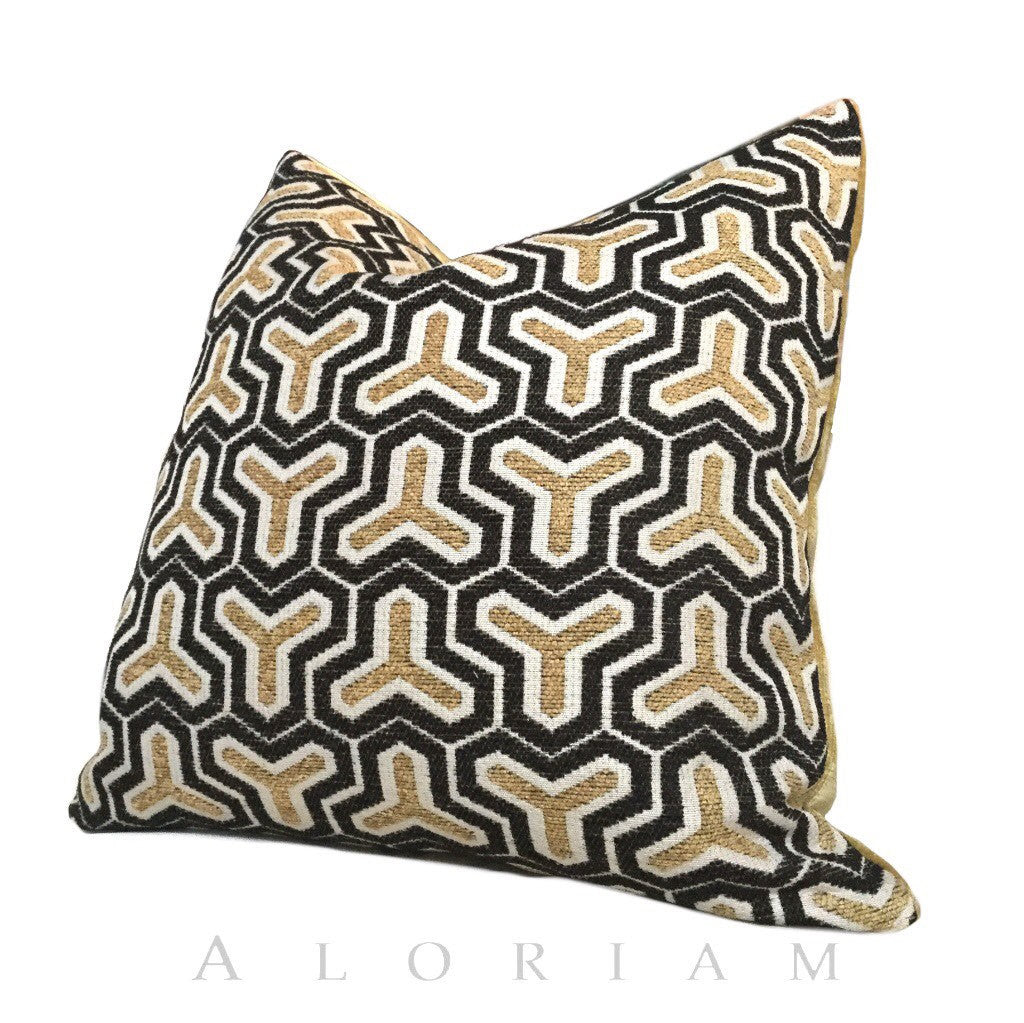 Wishbone Geometric Pattern Cream Beige Brown Chenille Pillow Cushion Cover