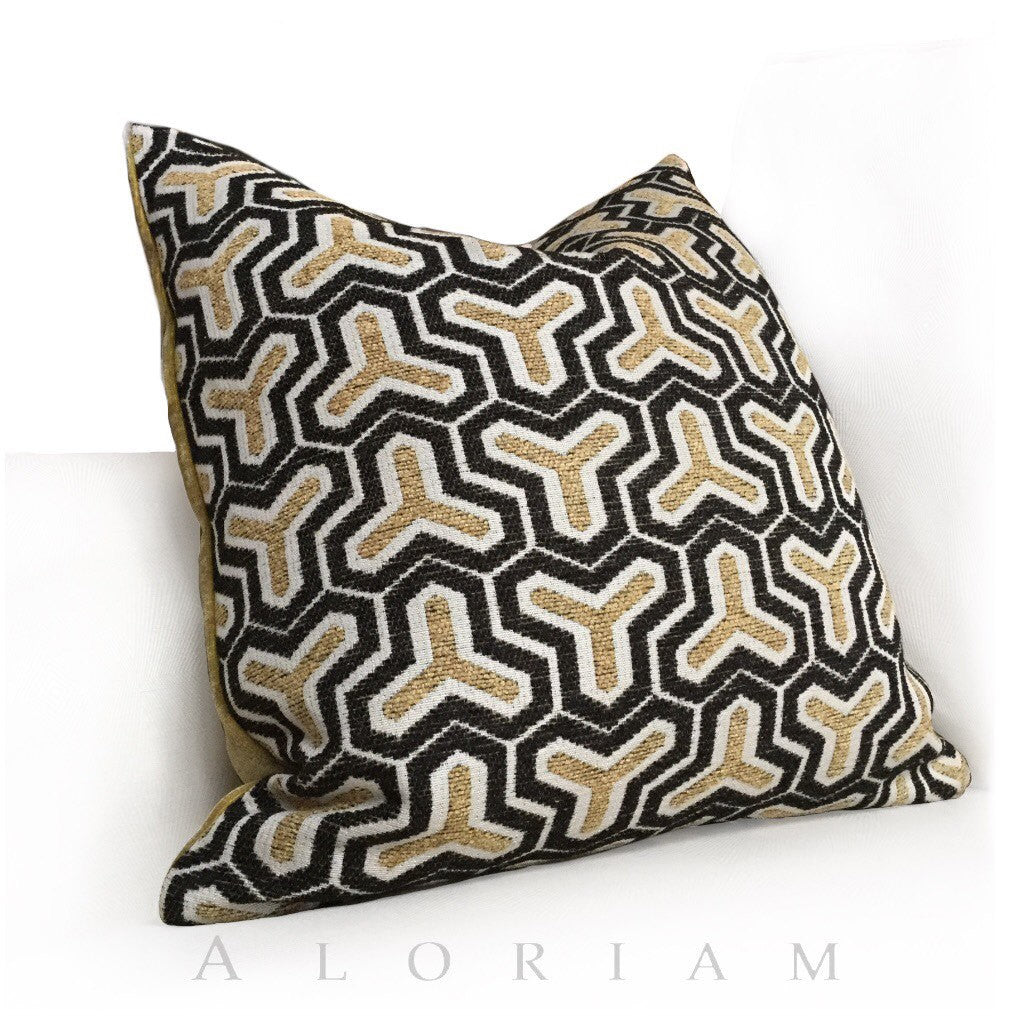 Wishbone Geometric Pattern Cream Beige Brown Chenille Pillow Cushion Cover