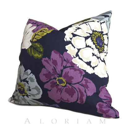 Robert Allen Navy Blue Purple Violet Modern Floral Print Pillow Cover (CLEARANCE)