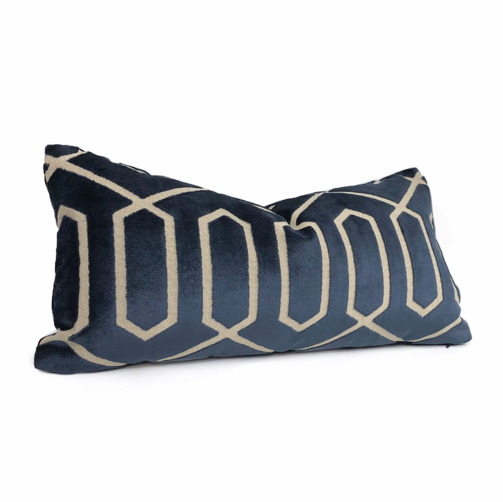 Robert Allen Bengal Lattice Geometric Midnight Navy Blue Italian Cut Velvet Pillow Cover