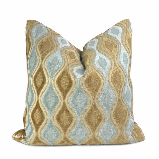 (CLEARANCE) Carleton Light Blue & Brown Wavy Velvet Stripe Pillow Cover