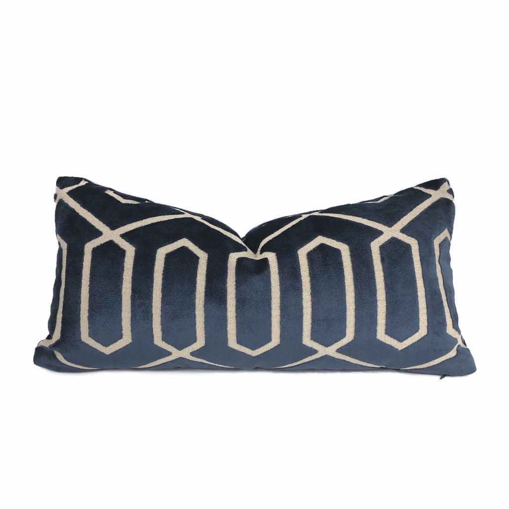 Robert Allen Bengal Lattice Geometric Midnight Navy Blue Italian Cut Velvet Pillow Cover