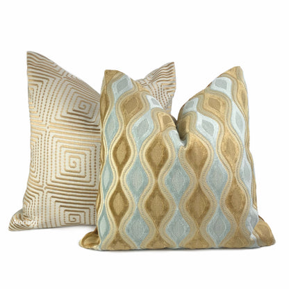 (CLEARANCE) Carleton Light Blue & Brown Wavy Velvet Stripe Pillow Cover