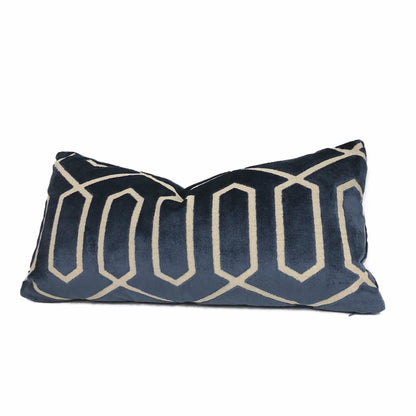 Robert Allen Bengal Lattice Geometric Midnight Navy Blue Italian Cut Velvet Pillow Cover