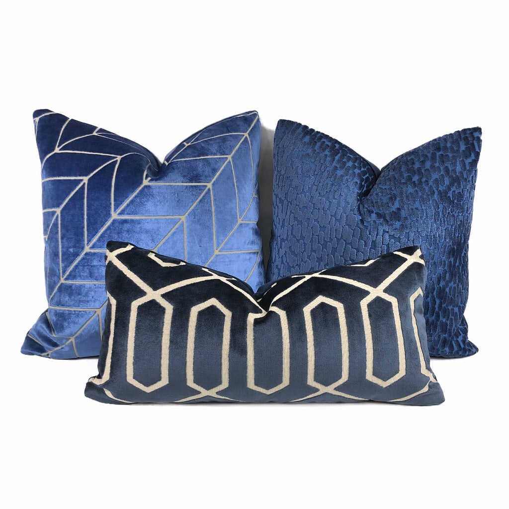 Robert Allen Bengal Lattice Geometric Midnight Navy Blue Italian Cut Velvet Pillow Cover