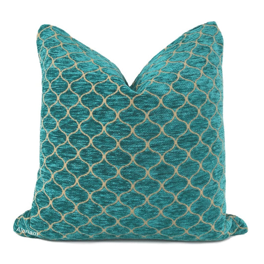 Imani Jewel Teal Green Ogee Lattice Chenille Pillow Cover - Aloriam