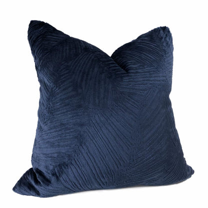 Isla Navy Blue Crosshatch Leaf Texture Velvet Pillow Cover - Aloriam