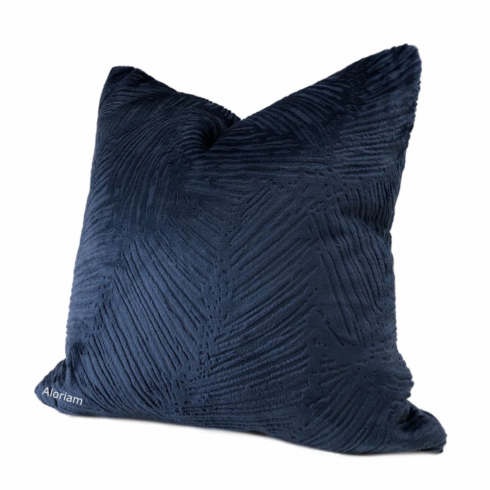 Isla Navy Blue Crosshatch Leaf Texture Velvet Pillow Cover - Aloriam