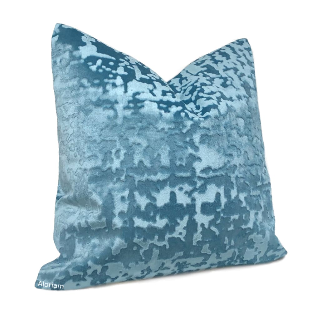 Kael II Sky Blue Abstract Distressed Tonal Velvet Pillow Cover - Aloriam