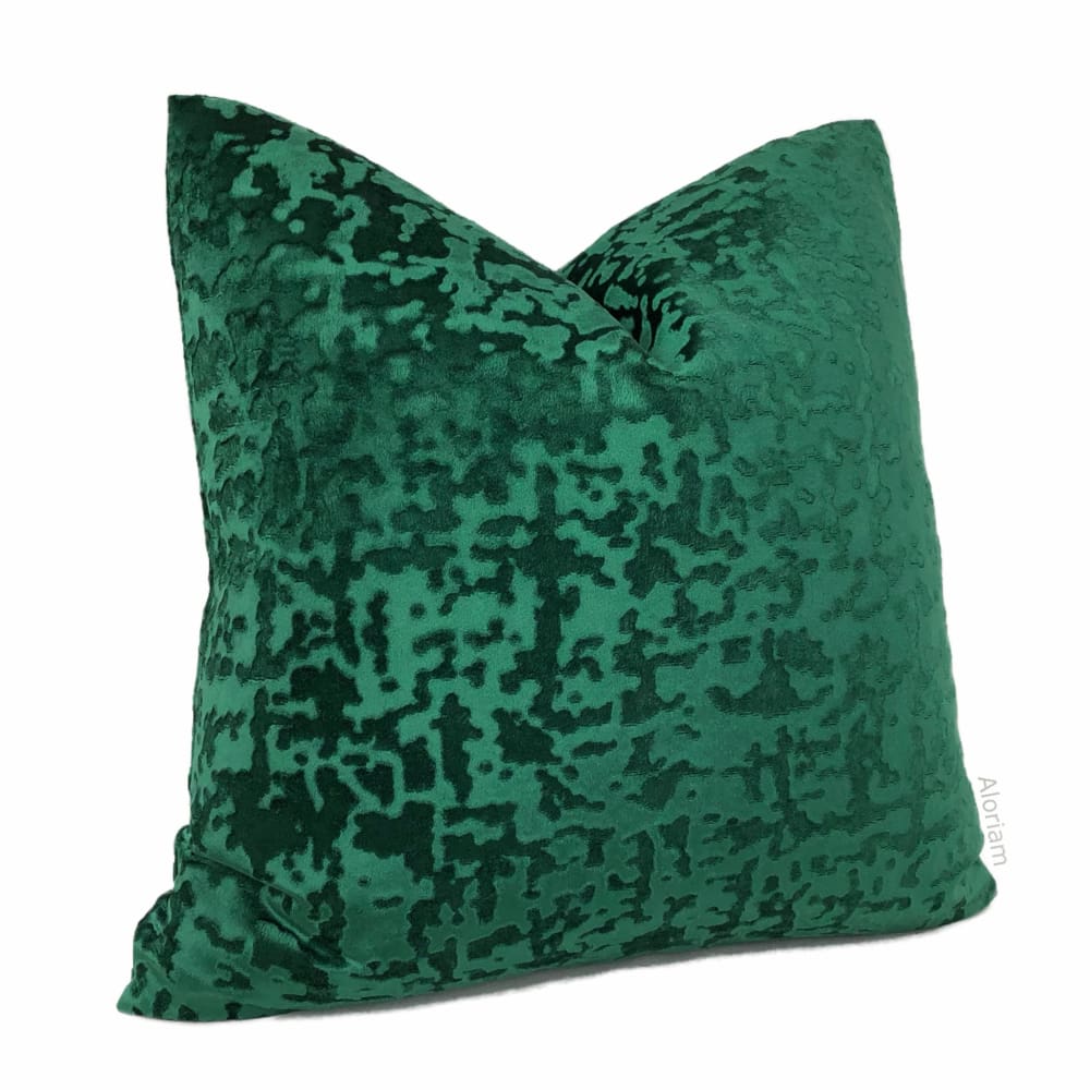 Kael II Emerald Green Abstract Distressed Tonal Velvet Pillow Cover - Aloriam