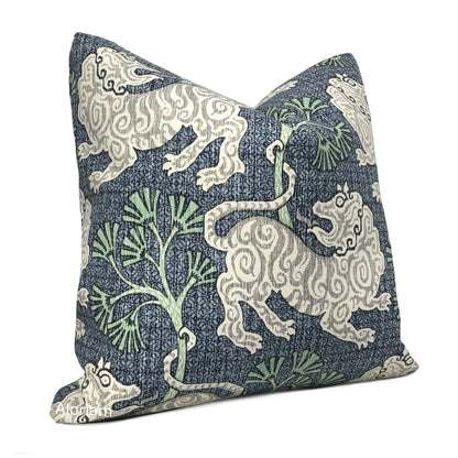 Kathmandu Navy Blue Green Chinoiserie Lion Print Pillow Cover - Aloriam