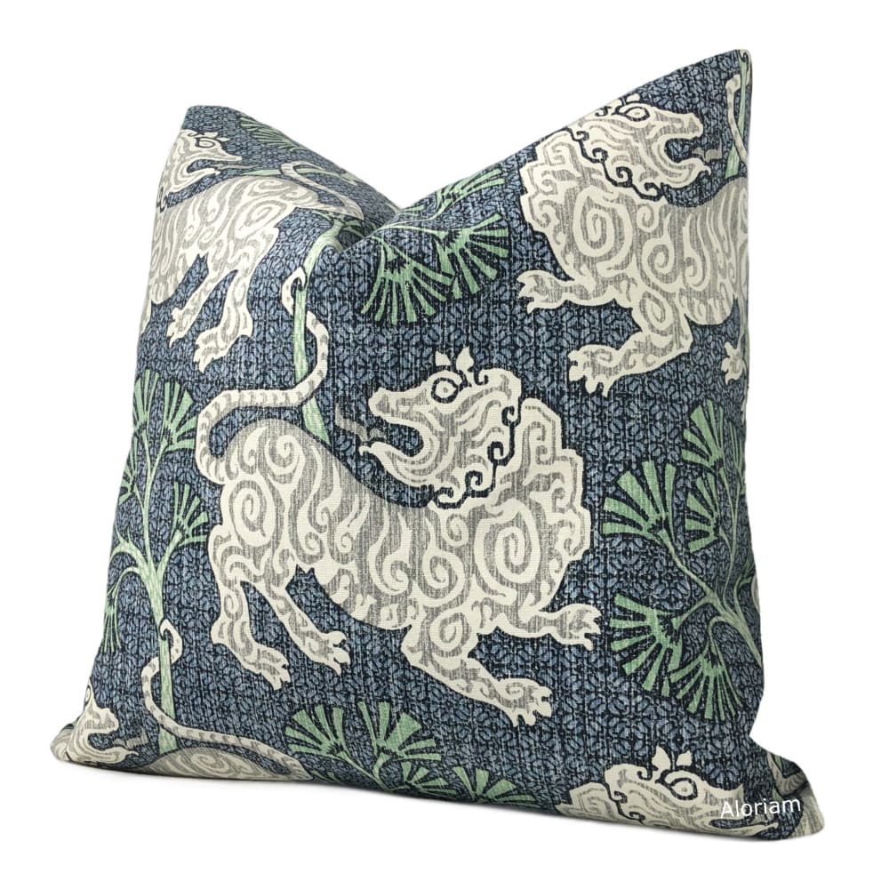 Kathmandu Navy Blue Green Chinoiserie Lion Print Pillow Cover - Aloriam