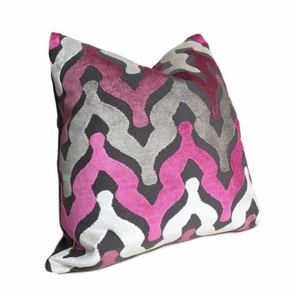 Designer Ogee Wave Magenta Pink Purple Gray Cream Cut Velvet Pillow Cover by Aloriam