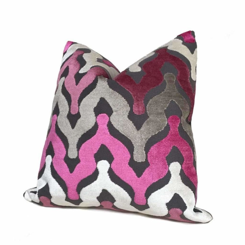 Designer Ogee Wave Magenta Pink Purple Gray Cream Cut Velvet Pillow Cover by Aloriam