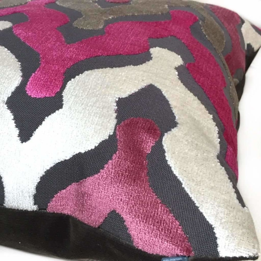 Designer Ogee Wave Magenta Pink Purple Gray Cream Cut Velvet Pillow Cover by Aloriam