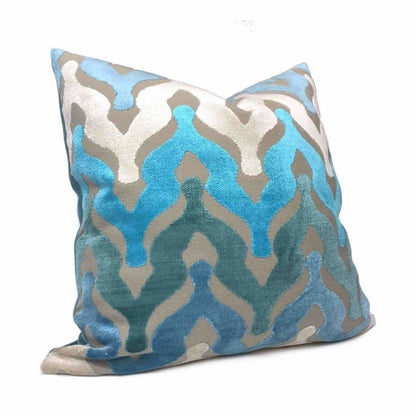 Designer Ogee Wave Turquoise Blue Cream Beige Cut Velvet Pillow Cover by Aloriam