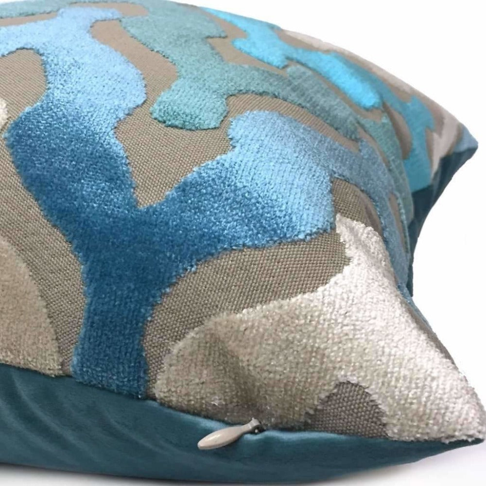 Designer Ogee Wave Turquoise Blue Cream Beige Cut Velvet Pillow Cover by Aloriam