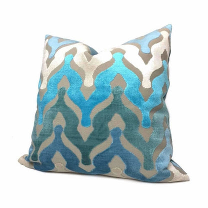 Designer Ogee Wave Turquoise Blue Cream Beige Cut Velvet Pillow Cover by Aloriam