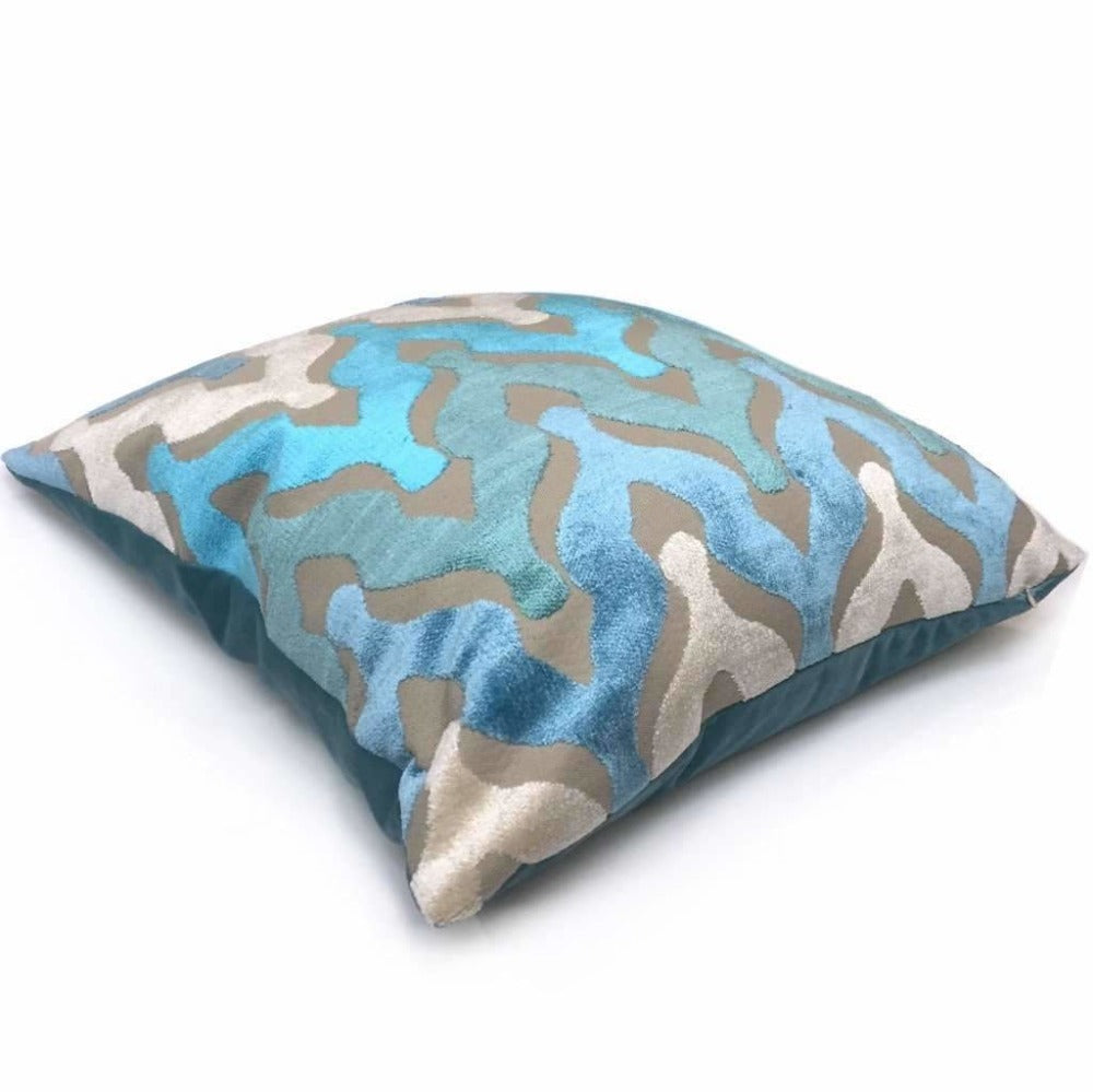 Designer Ogee Wave Turquoise Blue Cream Beige Cut Velvet Pillow Cover by Aloriam