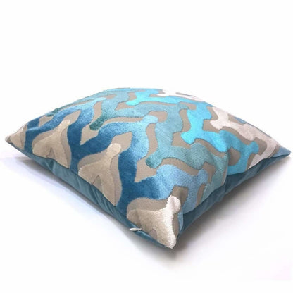 Designer Ogee Wave Turquoise Blue Cream Beige Cut Velvet Pillow Cover by Aloriam