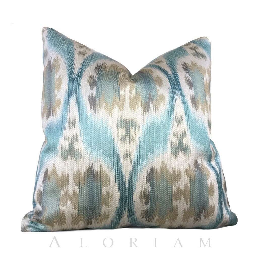 Kravet 32548.1635 Ikat Southwest Motif Aqua Blue Beige Pillow Cushion Cover