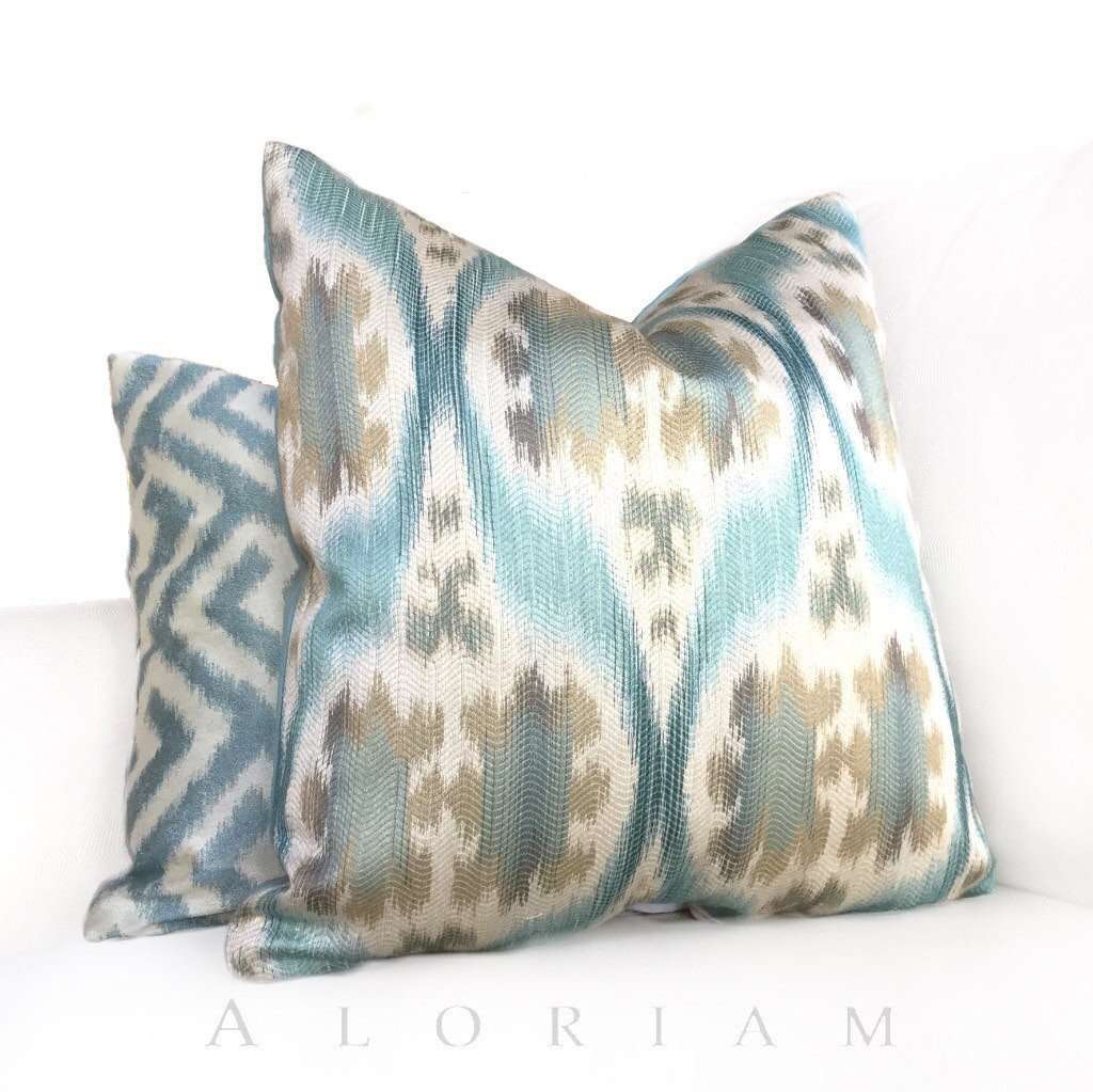 Kravet 32548.1635 Ikat Southwest Motif Aqua Blue Beige Pillow Cushion Cover