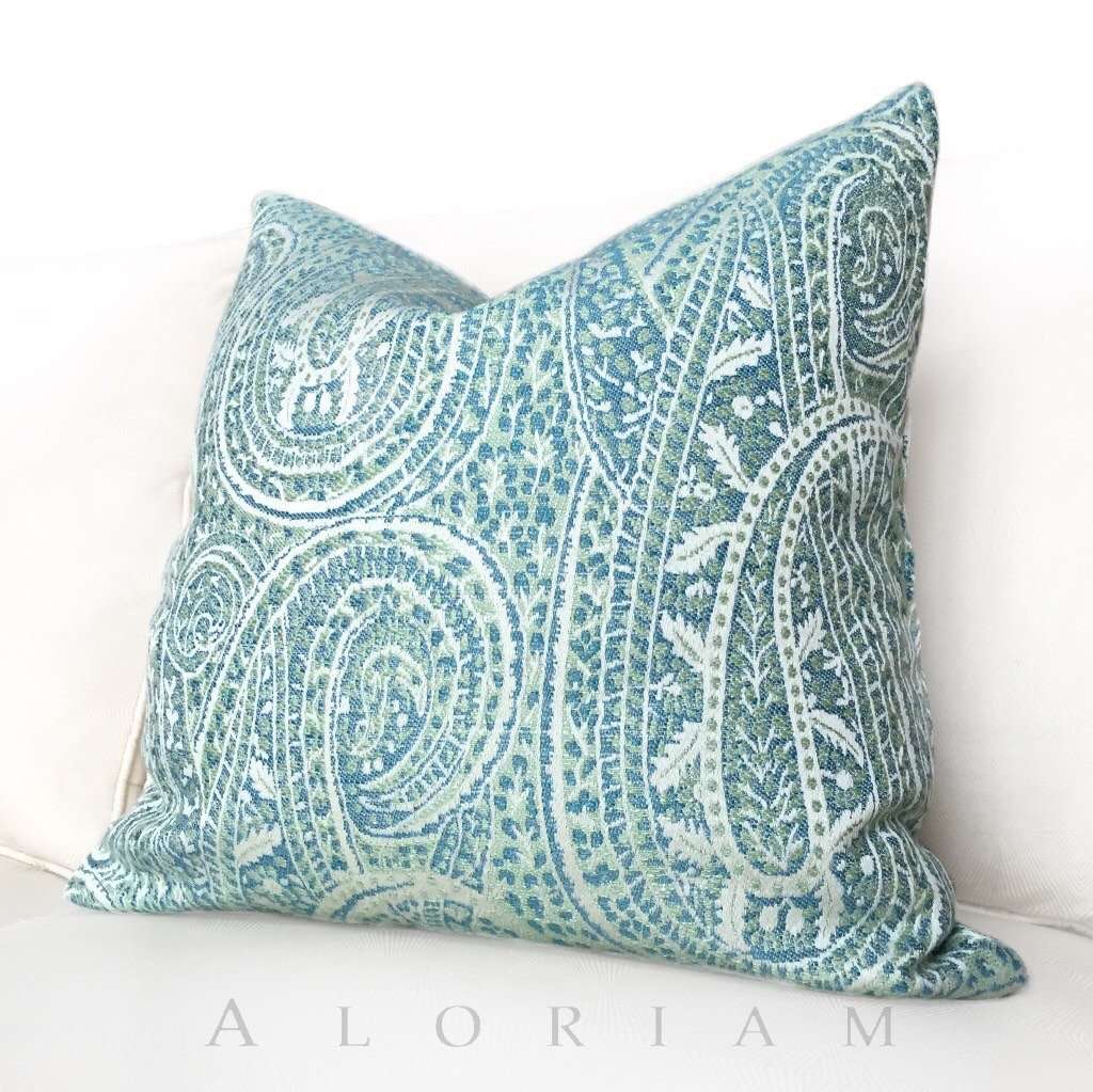 Kravet Blue Green Cream Paisley Floral Pattern Pillow Cushion Zipper Cover Cushion Pillow Case Euro Sham 16x16 18x18 20x20 22x22 24x24 26x26 28x28 Lumbar Pillow 12x18 12x20 12x24 14x20 16x26 by Aloriam