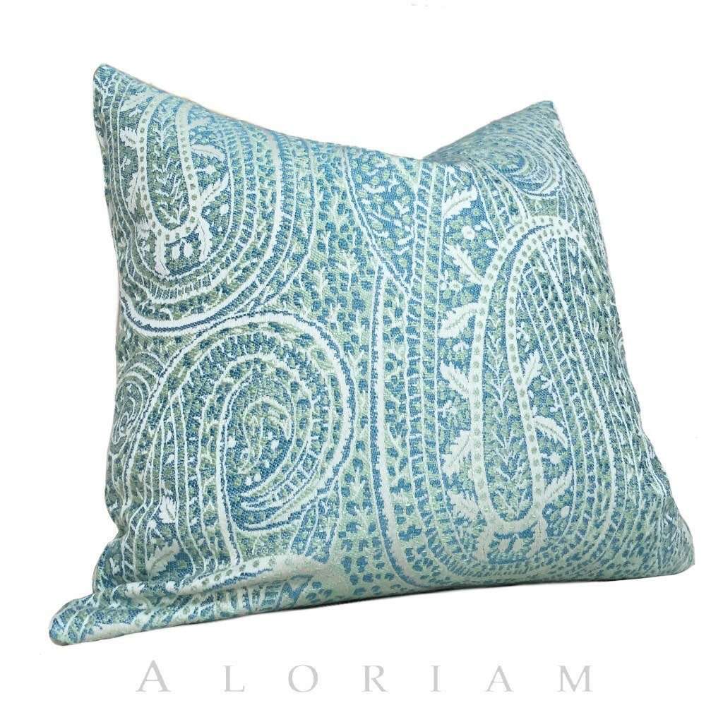 Kravet Blue Green Cream Paisley Floral Pattern Pillow Cushion Zipper Cover Cushion Pillow Case Euro Sham 16x16 18x18 20x20 22x22 24x24 26x26 28x28 Lumbar Pillow 12x18 12x20 12x24 14x20 16x26 by Aloriam