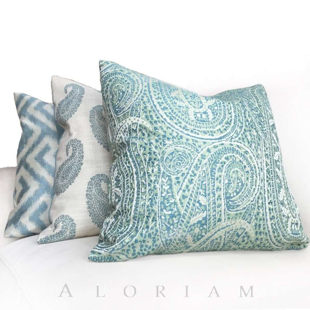 Kravet Blue Green Cream Paisley Floral Pattern Pillow Cushion Zipper Cover Cushion Pillow Case Euro Sham 16x16 18x18 20x20 22x22 24x24 26x26 28x28 Lumbar Pillow 12x18 12x20 12x24 14x20 16x26 by Aloriam