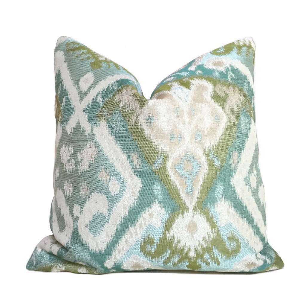 Green Silk Velvet Cushion Covers with Geometric Ikat Pattern | Front side is 100% Silk Velvet, Back side discount is Soft Green Fabric, OEKO-TEX®