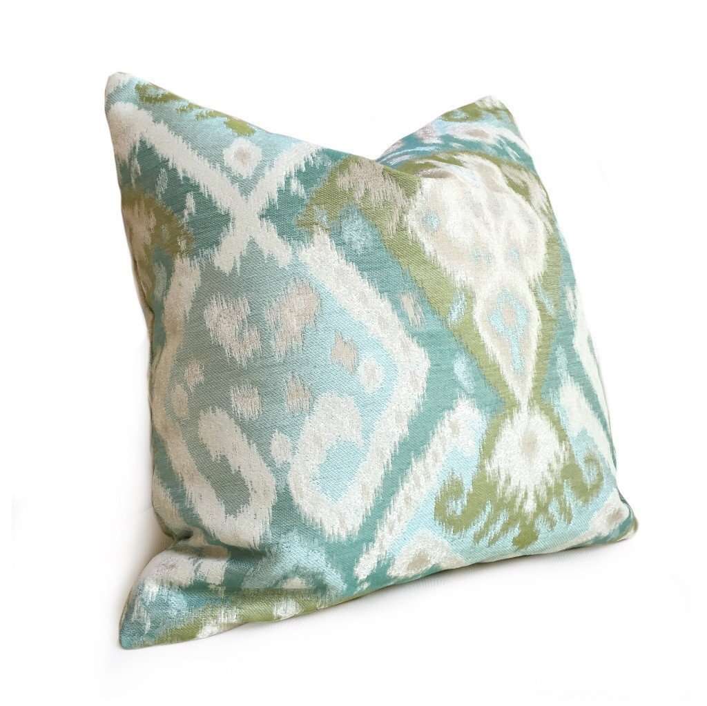 Embroidered Aqua Blue, Green and Ivory Geometric Pillow Covers / Designer Fabric / outlet Fits 12 x 24 Insert