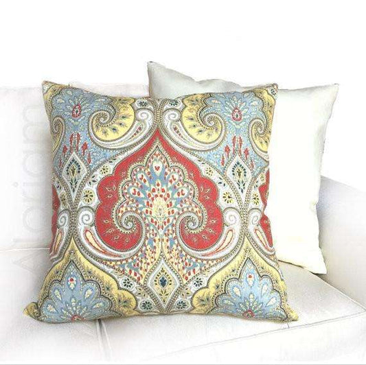 Kravet Latika Festival Paisley Medallion Red Yellow Light Blue Linen Pillow Cushion Cover Cushion Pillow Case Euro Sham 16x16 18x18 20x20 22x22 24x24 26x26 28x28 Lumbar Pillow 12x18 12x20 12x24 14x20 16x26 by Aloriam