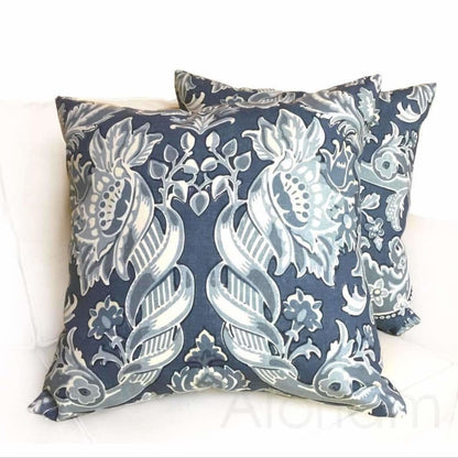 Kravet Lorton Blue White Damask Print Linen Pillow Cover Cushion Pillow Case Euro Sham 16x16 18x18 20x20 22x22 24x24 26x26 28x28 Lumbar Pillow 12x18 12x20 12x24 14x20 16x26 by Aloriam