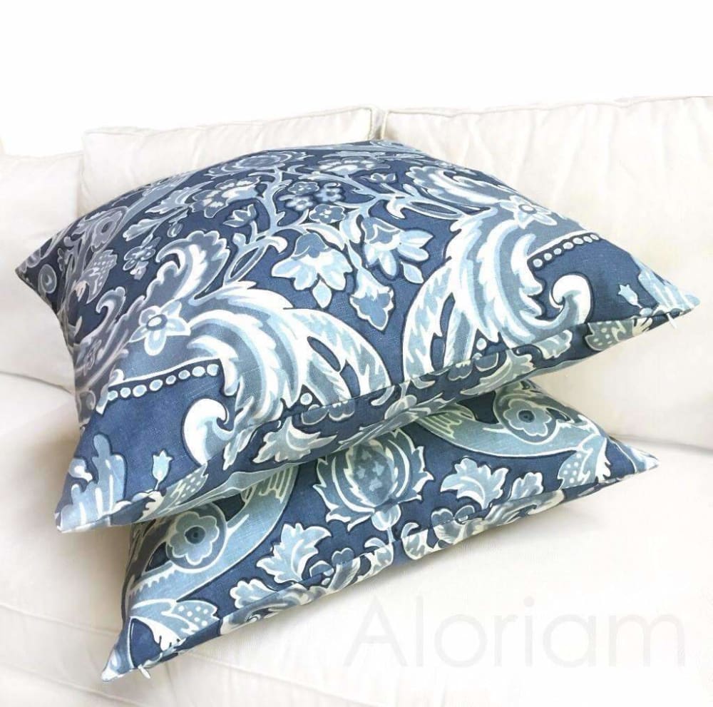 Kravet Lorton Blue White Damask Print Linen Pillow Cover Cushion Pillow Case Euro Sham 16x16 18x18 20x20 22x22 24x24 26x26 28x28 Lumbar Pillow 12x18 12x20 12x24 14x20 16x26 by Aloriam