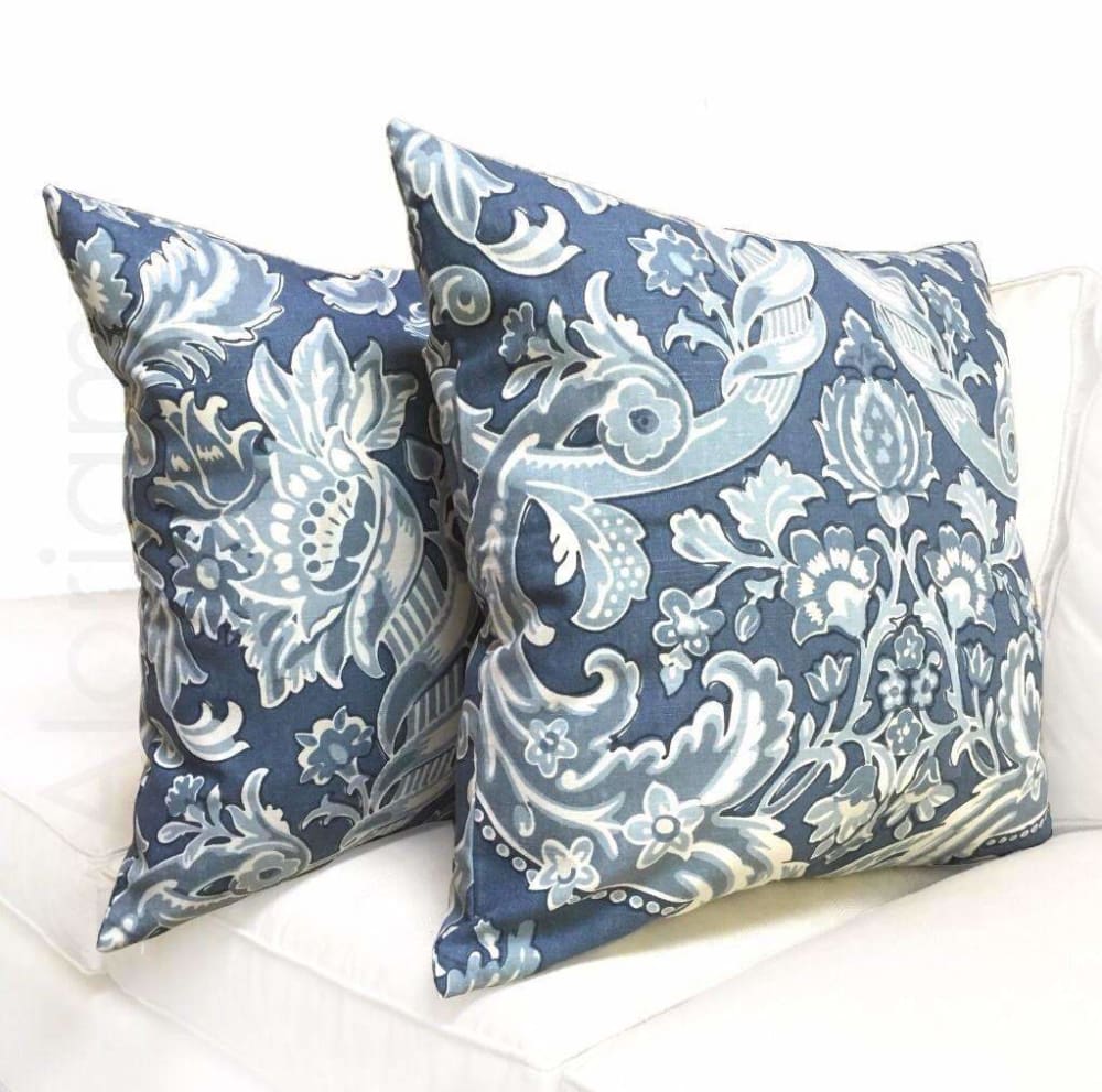 Kravet Lorton Blue White Damask Print Linen Pillow Cover Cushion Pillow Case Euro Sham 16x16 18x18 20x20 22x22 24x24 26x26 28x28 Lumbar Pillow 12x18 12x20 12x24 14x20 16x26 by Aloriam