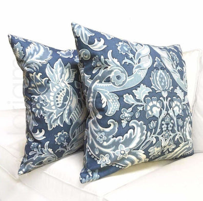 Kravet Lorton Blue White Damask Print Linen Pillow Cover Cushion Pillow Case Euro Sham 16x16 18x18 20x20 22x22 24x24 26x26 28x28 Lumbar Pillow 12x18 12x20 12x24 14x20 16x26 by Aloriam